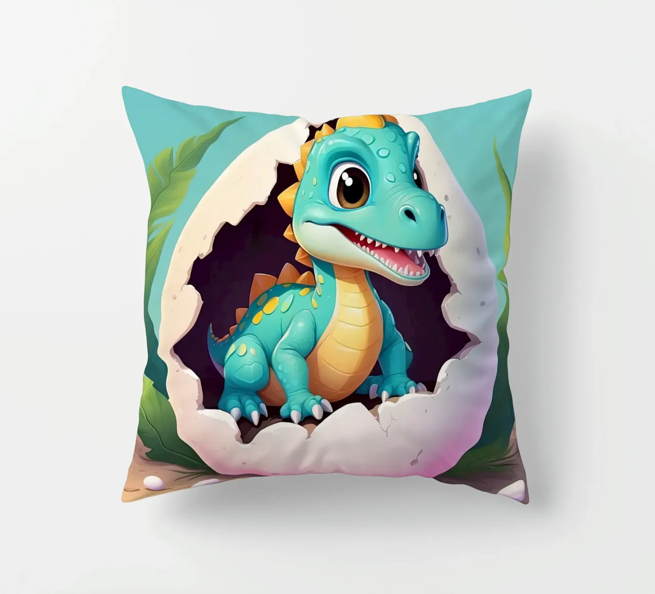 Cute dinosaur hatching from egg with a sunny background decorative cushion by DesignDoodle