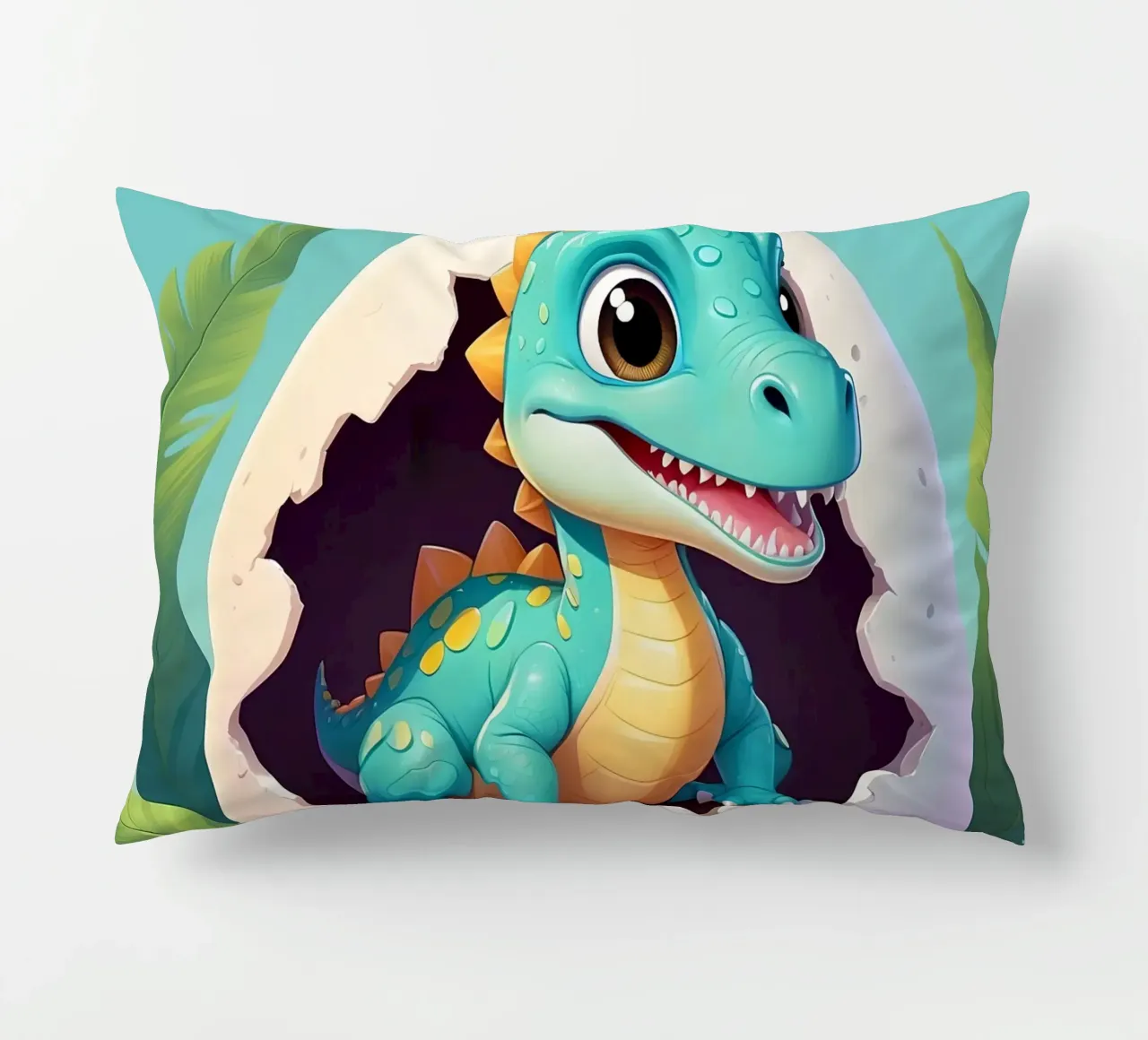 Cute dinosaur hatching from egg with a sunny background decorative cushion by DesignDoodle