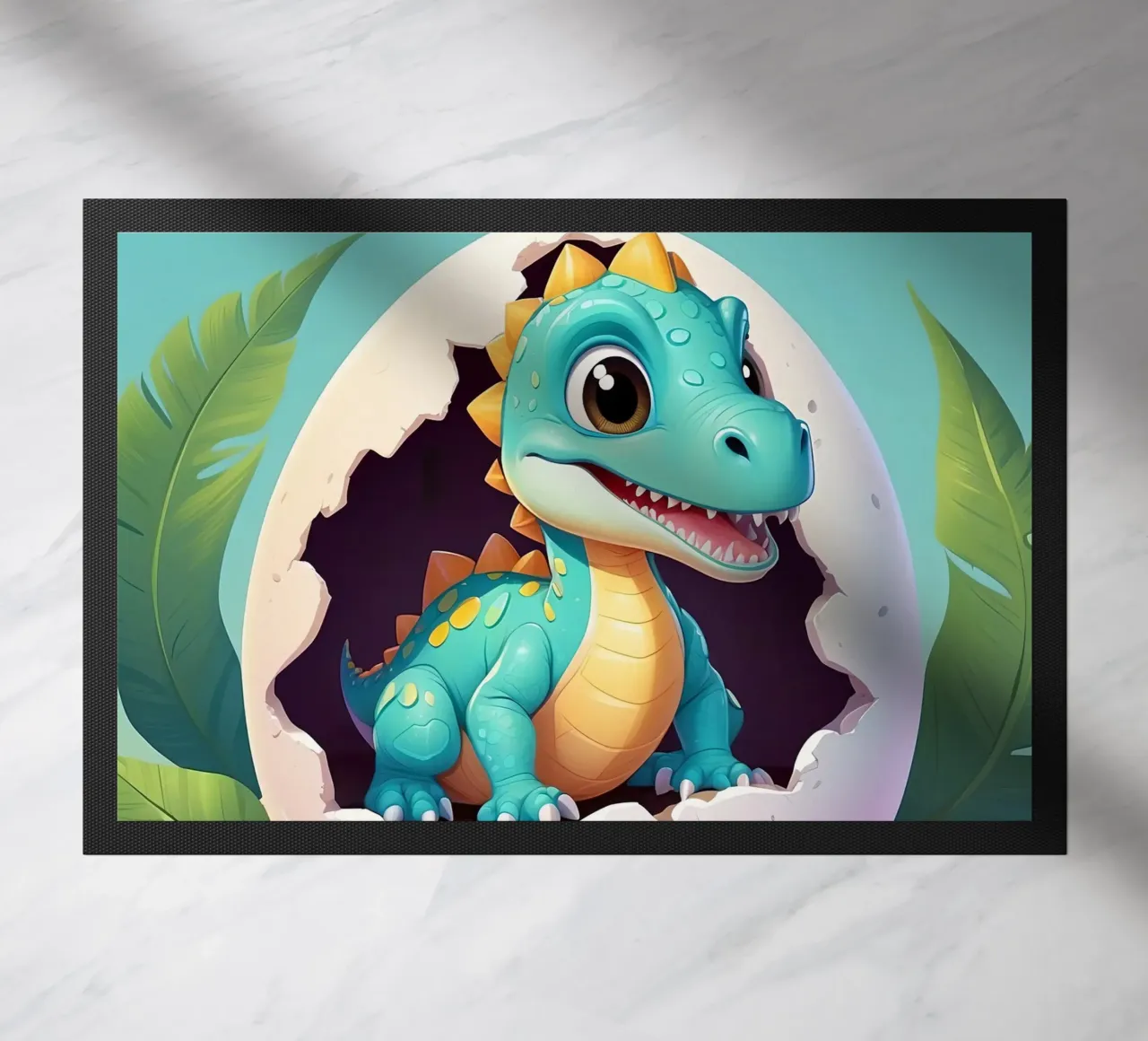 Cute dinosaur hatching from egg with a sunny background doormat by DesignDoodle