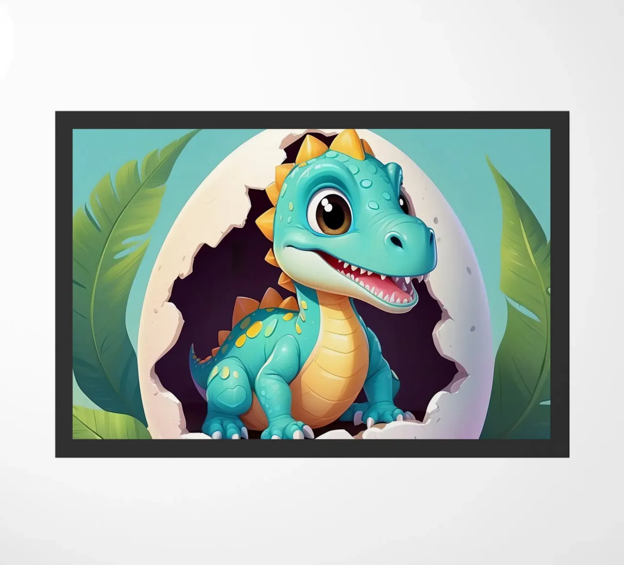 Cute dinosaur hatching from egg with a sunny background doormat by DesignDoodle