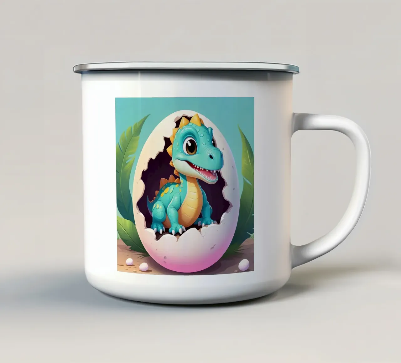 Cute dinosaur hatching from egg with a sunny background enamel mug by DesignDoodle