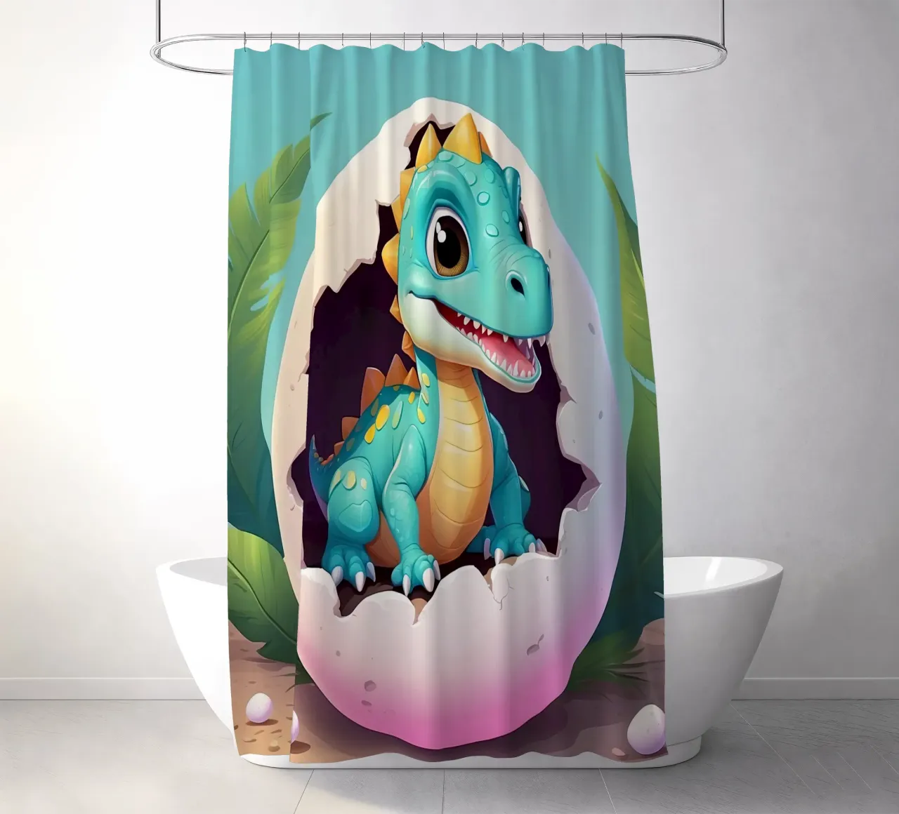 Cute dinosaur hatching from egg with a sunny background shower curtain by DesignDoodle