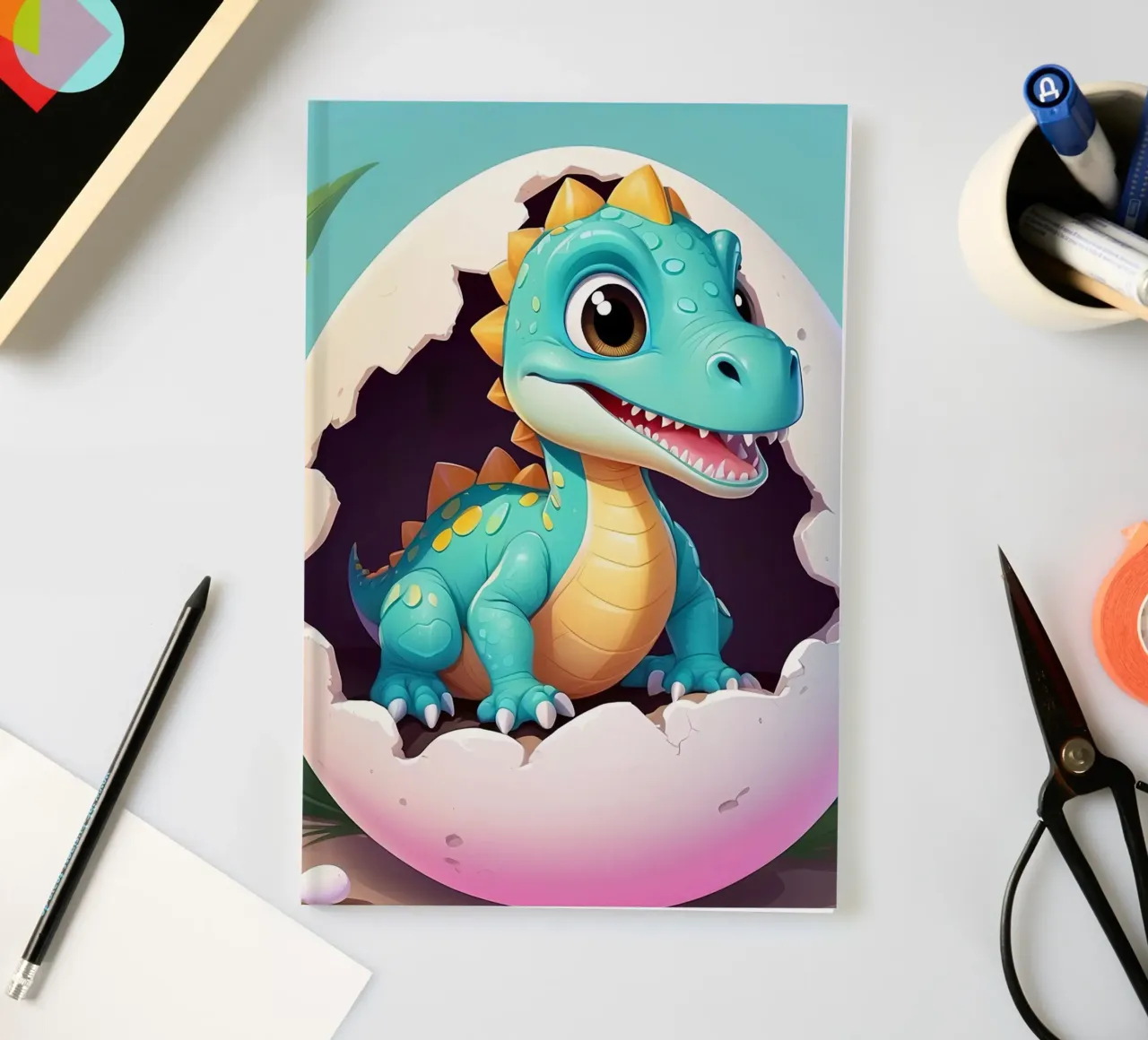 Cute dinosaur hatching from egg with a sunny background notebook by DesignDoodle