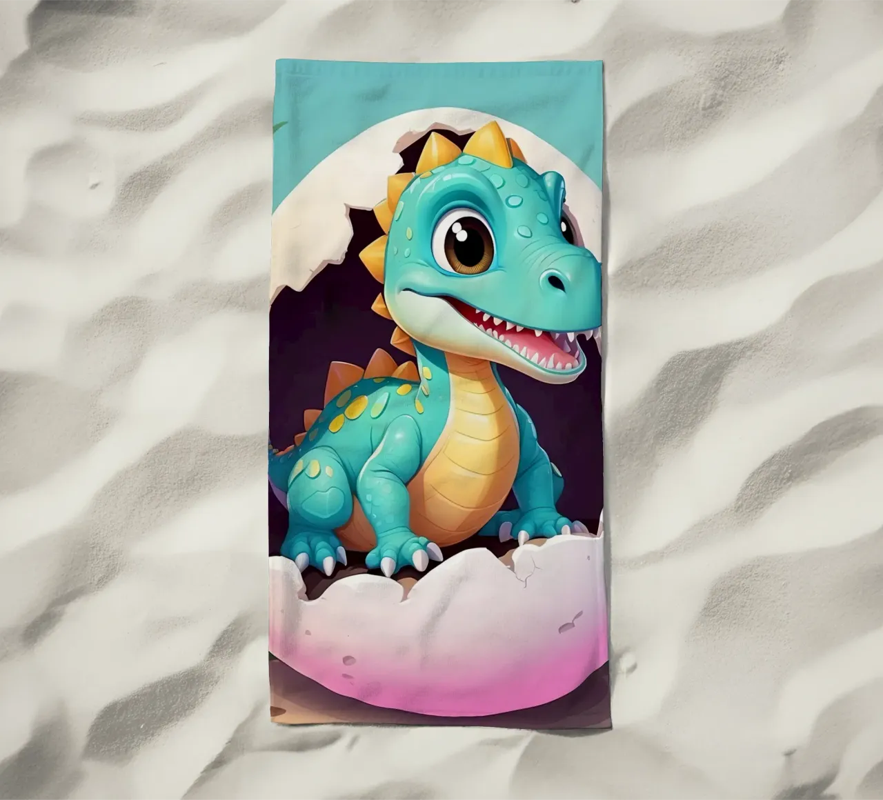 Cute dinosaur hatching from egg with a sunny background beach towel by DesignDoodle