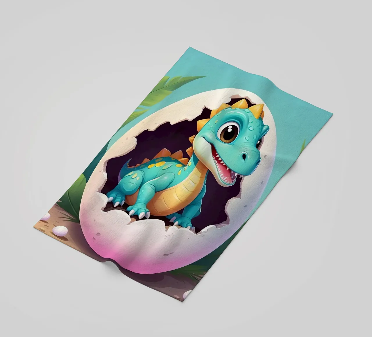 Cute dinosaur hatching from egg with a sunny background beach towel by DesignDoodle