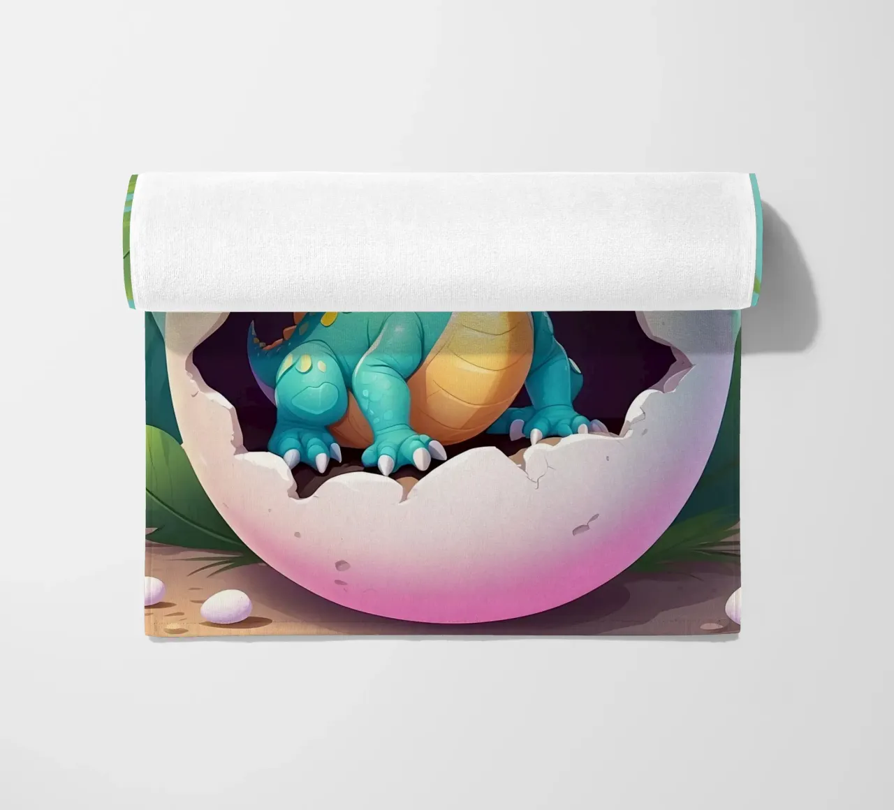 Cute dinosaur hatching from egg with a sunny background beach towel by DesignDoodle