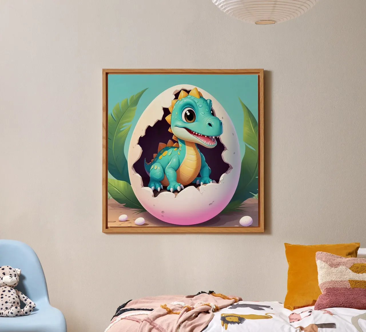 Cute dinosaur hatching from egg with a sunny background alu-dibond by DesignDoodle