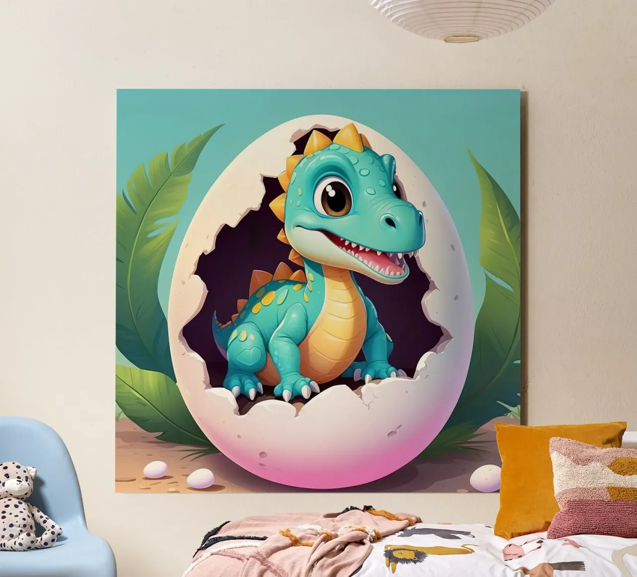 Cute dinosaur hatching from egg with a sunny background alu-dibond by DesignDoodle