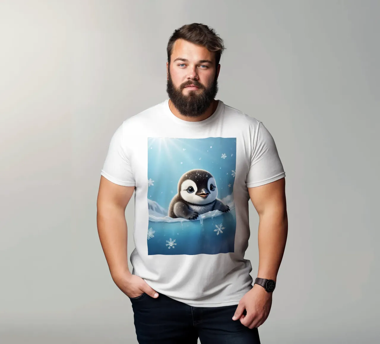 Penguin chick playing in icy water under bright sunlight t-shirt by DesignDoodle