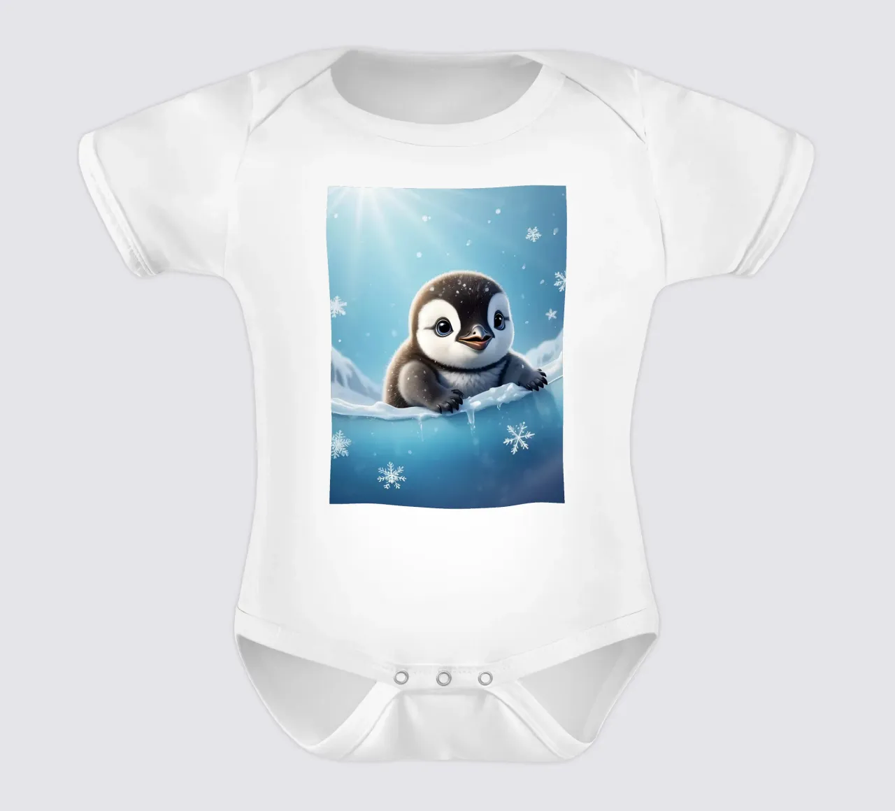 Penguin chick playing in icy water under bright sunlight short-sleeve baby romper by DesignDoodle