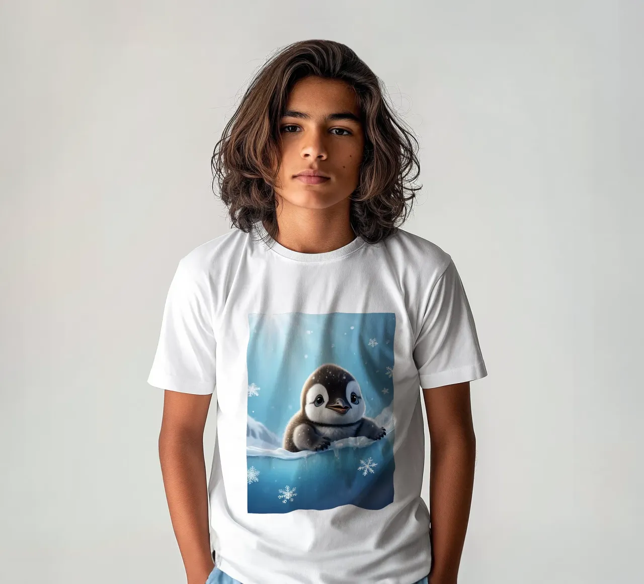 Penguin chick playing in icy water under bright sunlight kids t-shirt by DesignDoodle