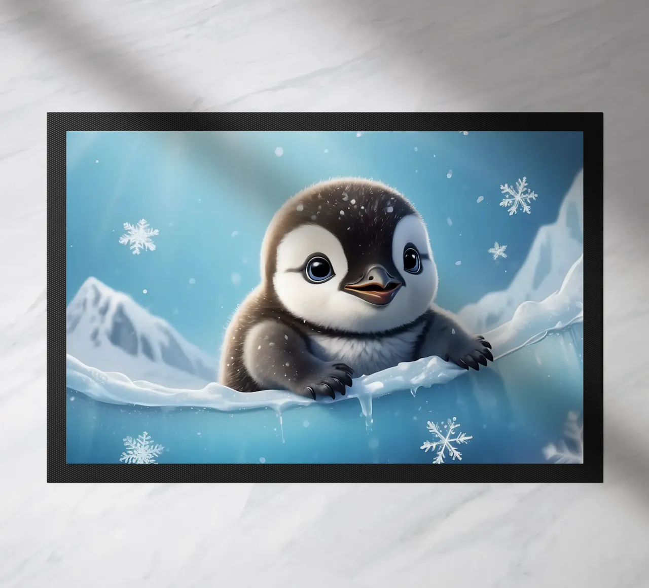 Penguin chick playing in icy water under bright sunlight doormat by DesignDoodle