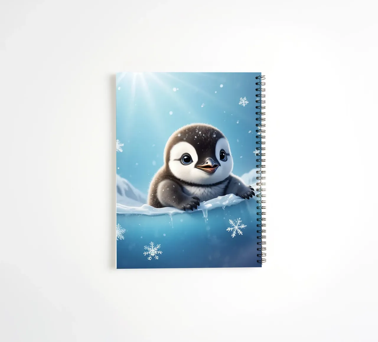 Pinguinküken spielt im eiskalten Wasser unter hellem Sonnenlicht Ringbuch von DesignDoodle