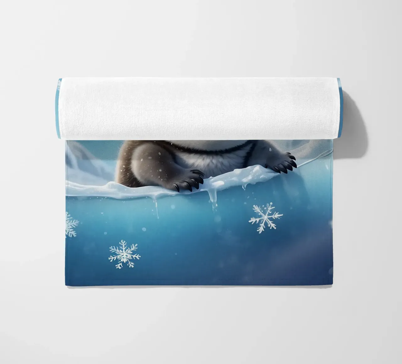 Penguin chick playing in icy water under bright sunlight beach towel by DesignDoodle
