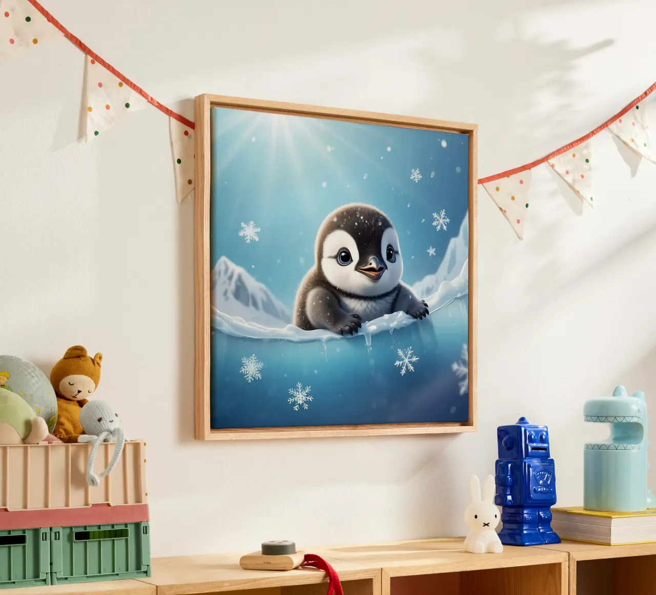 Polluelo de pingüino jugando en agua helada bajo la luz del sol lienzo de DesignDoodle