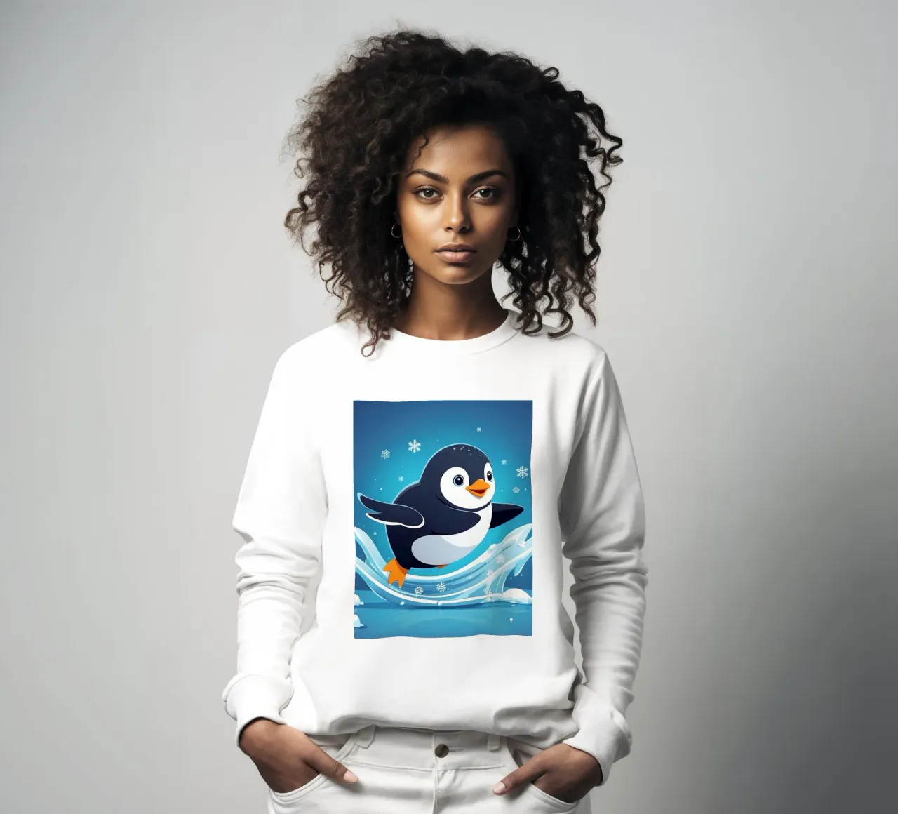 Penguin joyfully sliding on ice while snowflakes fall sweatshirt by DesignDoodle
