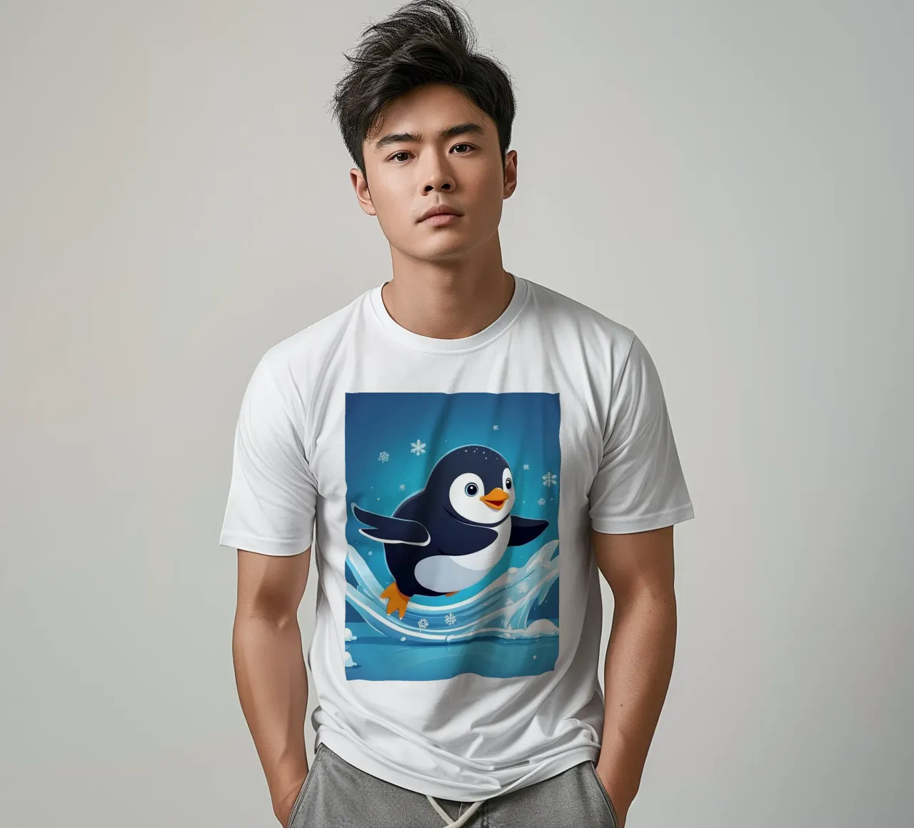 Penguin joyfully sliding on ice while snowflakes fall t-shirt by DesignDoodle