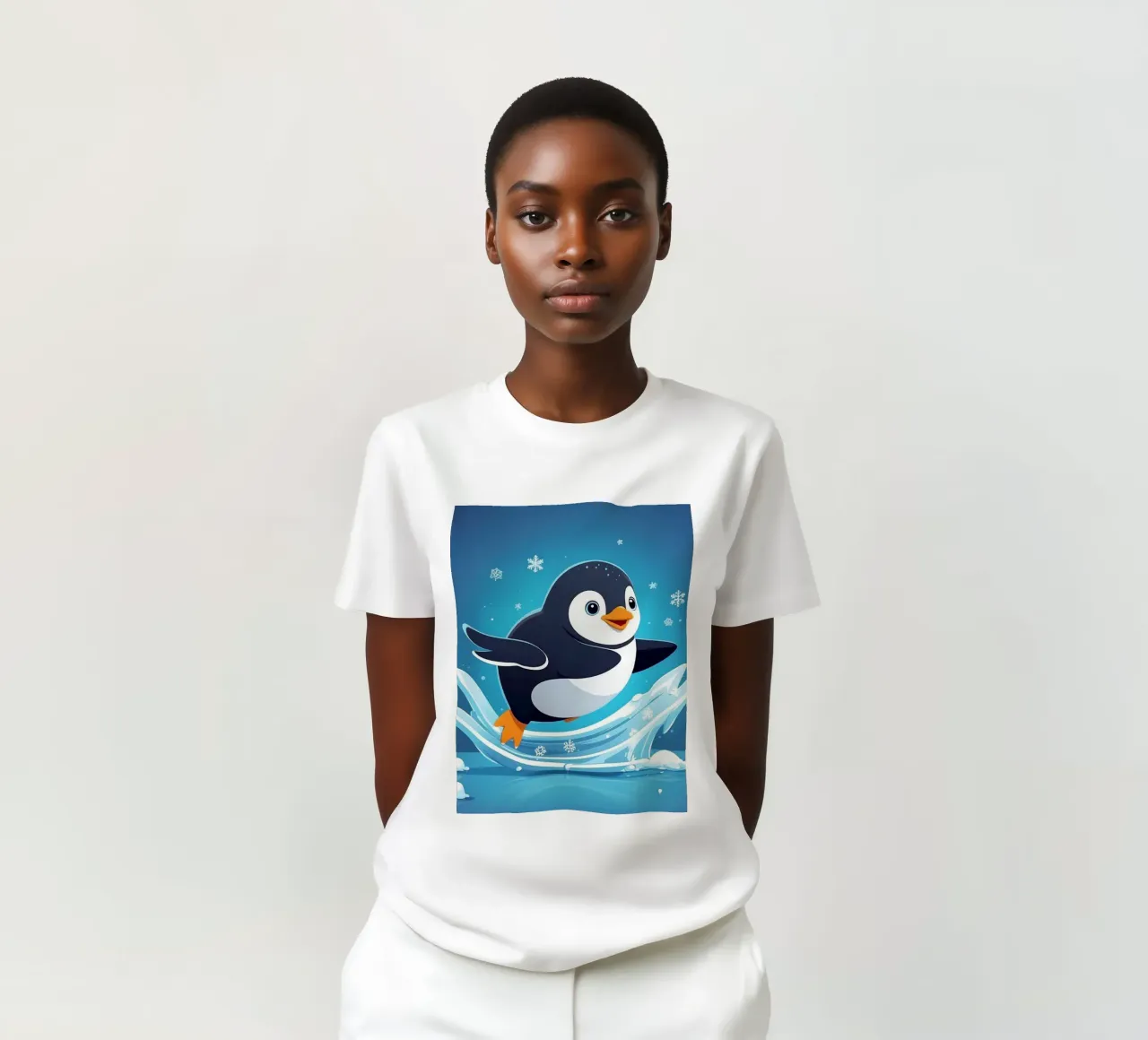 Penguin joyfully sliding on ice while snowflakes fall t-shirt by DesignDoodle