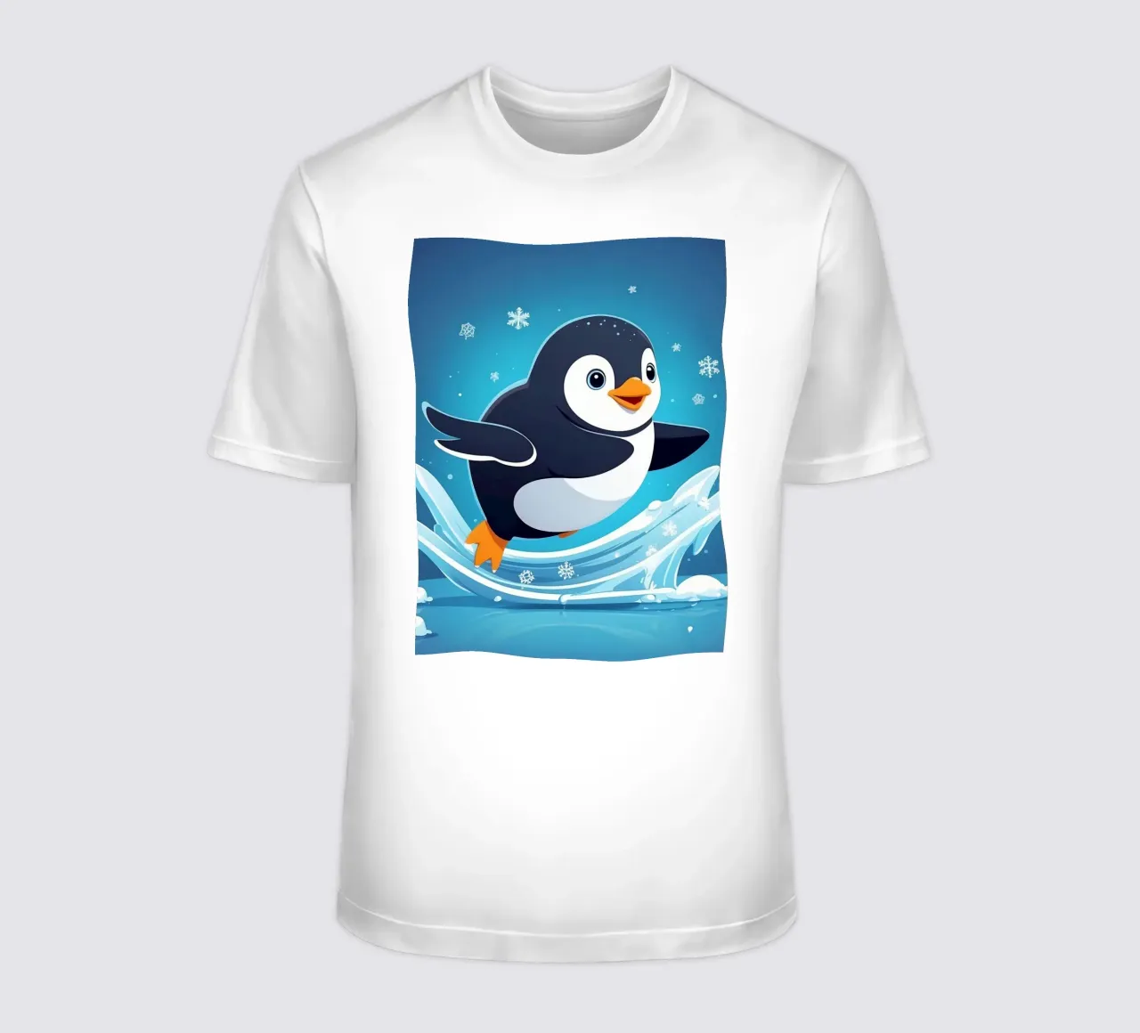 Penguin joyfully sliding on ice while snowflakes fall t-shirt by DesignDoodle