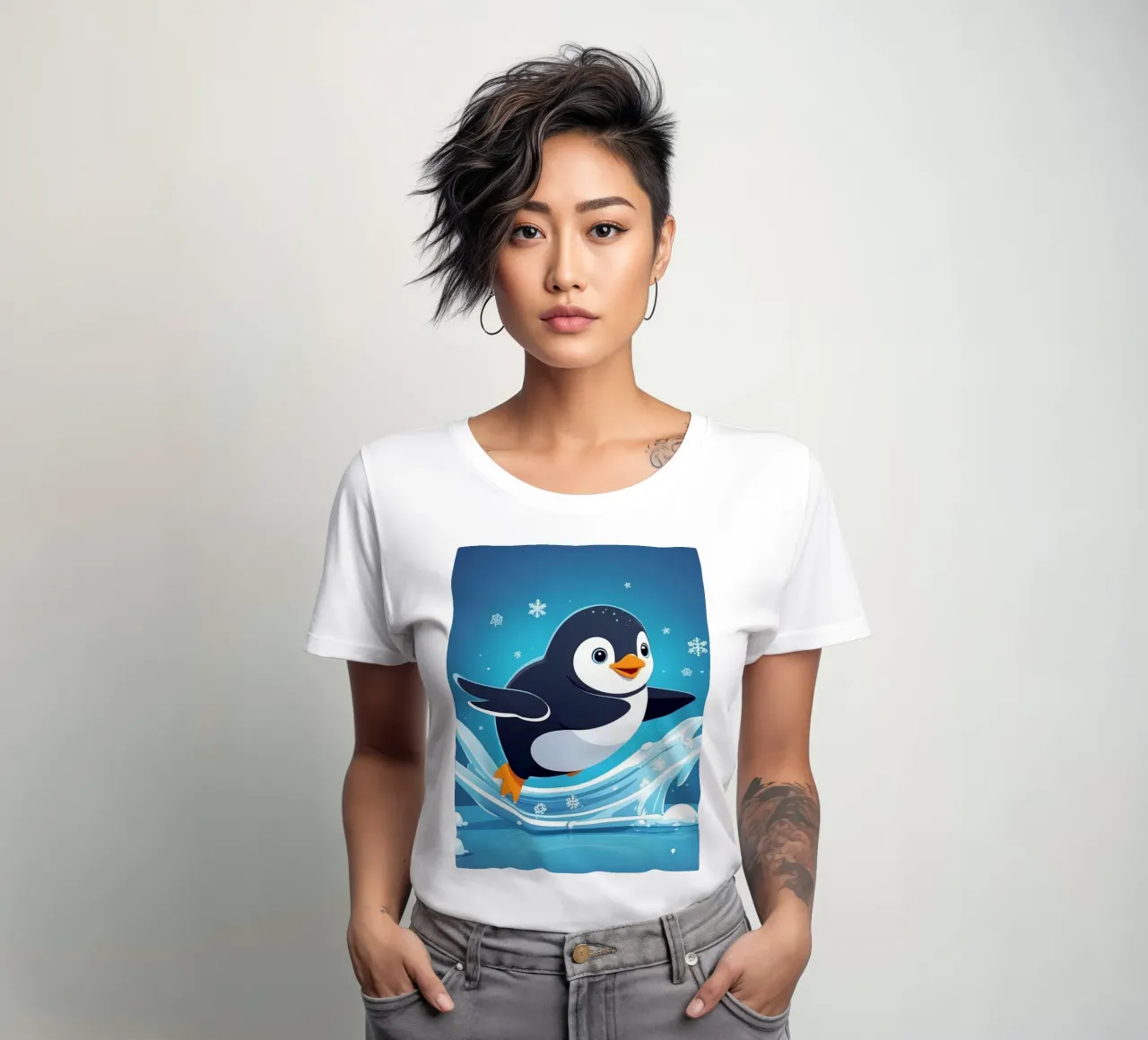 Penguin joyfully sliding on ice while snowflakes fall women's fitted t-shirt by DesignDoodle