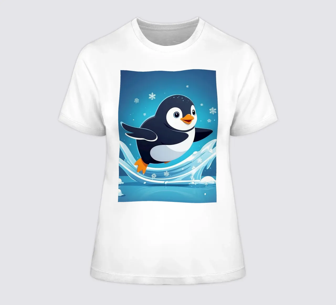 Penguin joyfully sliding on ice while snowflakes fall women's fitted t-shirt by DesignDoodle