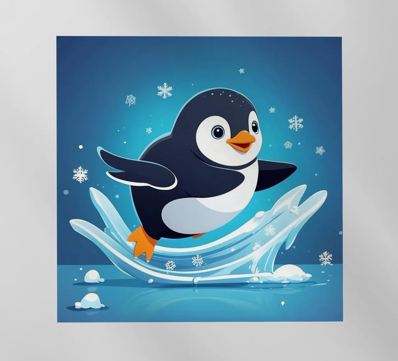 Pinguino che scivola gioiosamente sul ghiaccio mentre cadono fiocchi di neve pellicola backlit da DesignDoodle