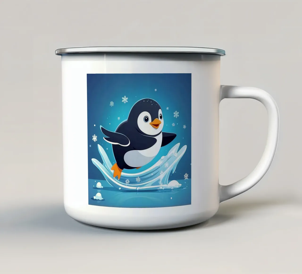 Penguin joyfully sliding on ice while snowflakes fall enamel mug by DesignDoodle