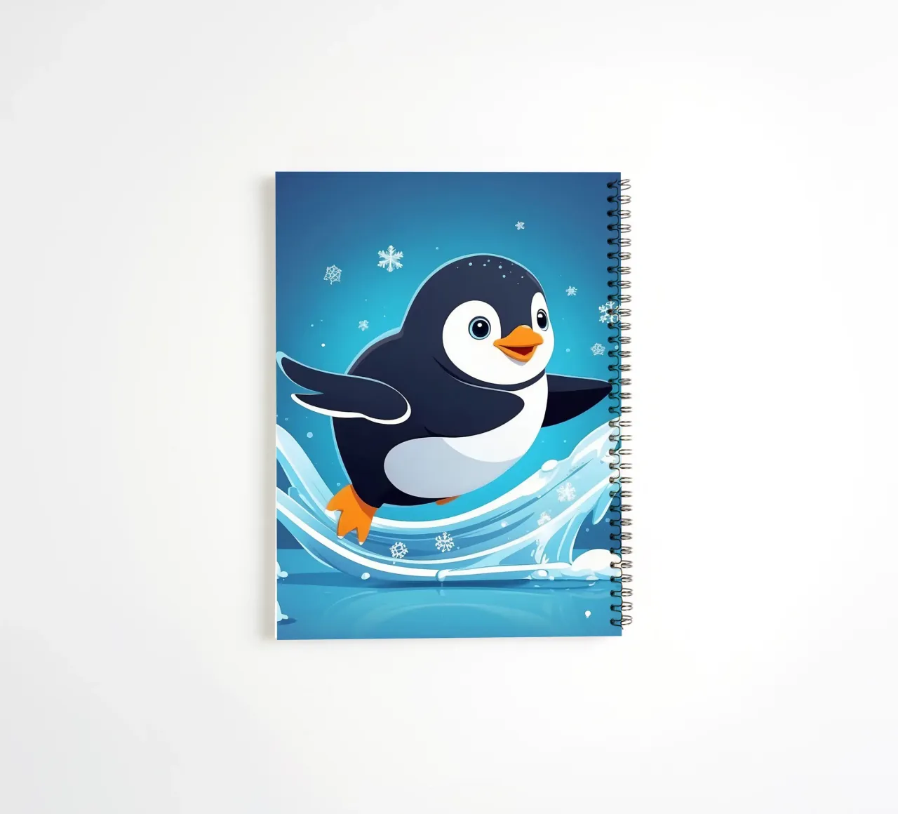 Penguin joyfully sliding on ice while snowflakes fall spiral notebook by DesignDoodle