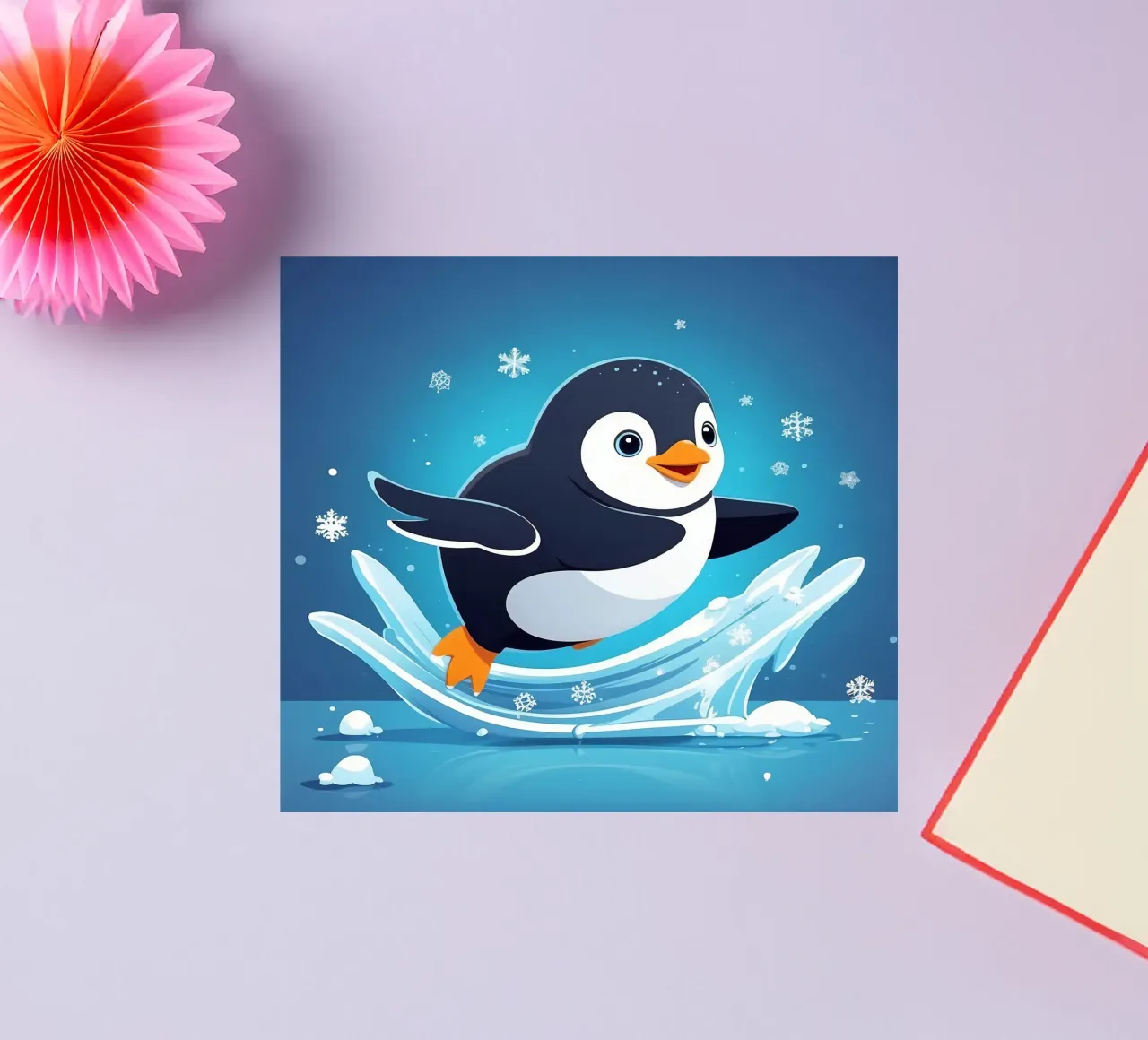 Penguin joyfully sliding on ice while snowflakes fall sticker by DesignDoodle