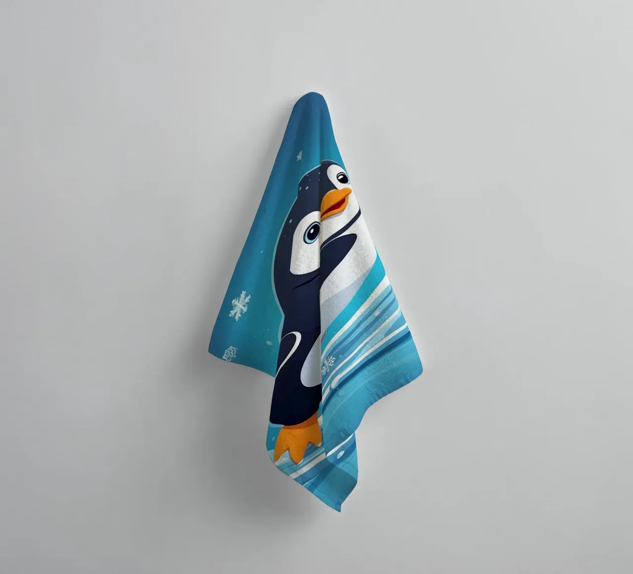 Penguin joyfully sliding on ice while snowflakes fall towel by DesignDoodle