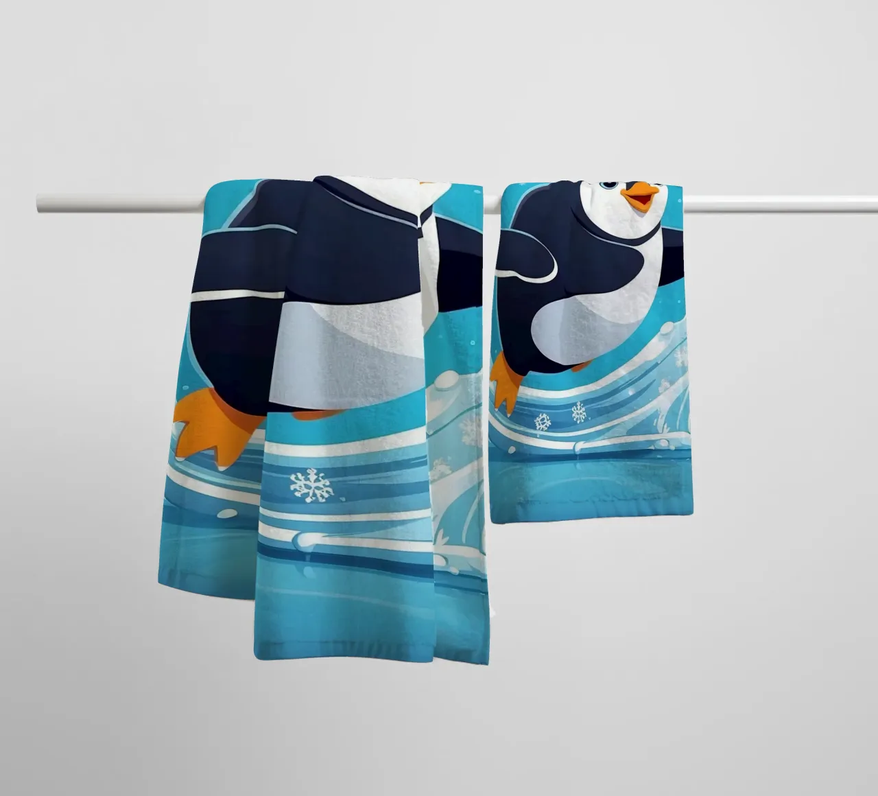 Penguin joyfully sliding on ice while snowflakes fall towel by DesignDoodle