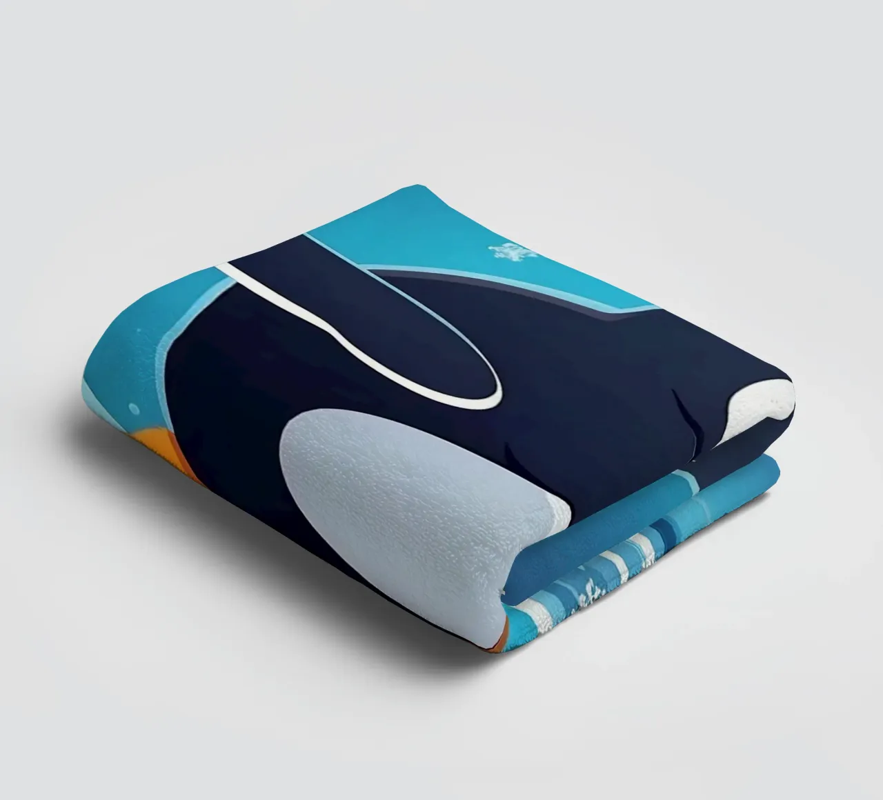 Penguin joyfully sliding on ice while snowflakes fall towel by DesignDoodle