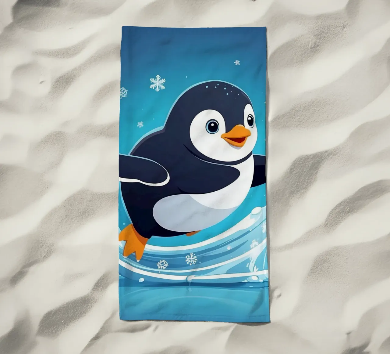 Penguin joyfully sliding on ice while snowflakes fall beach towel by DesignDoodle