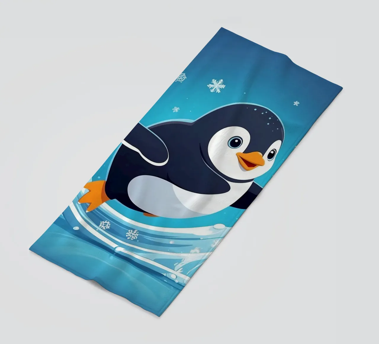 Penguin joyfully sliding on ice while snowflakes fall beach towel by DesignDoodle