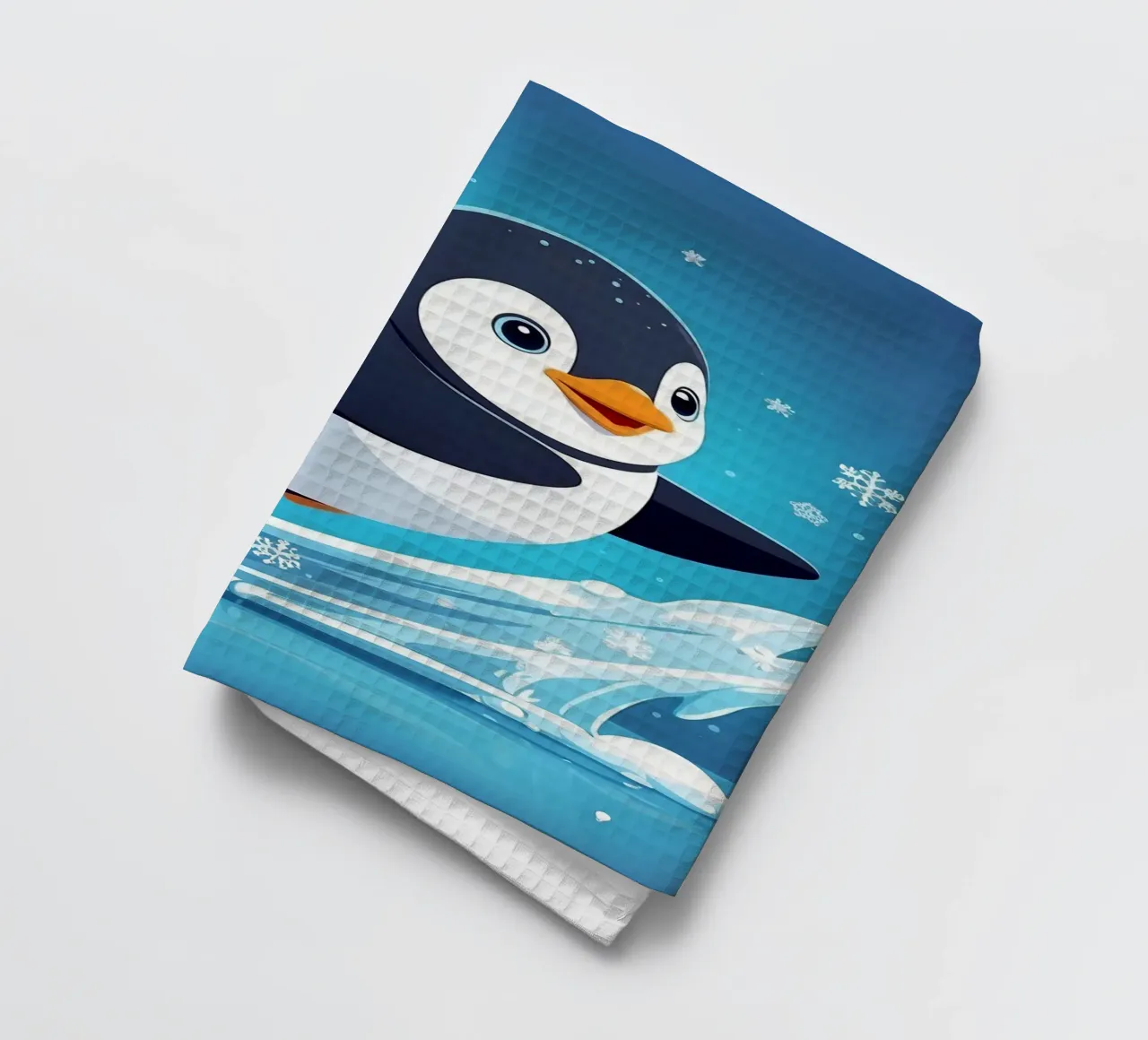 Penguin joyfully sliding on ice while snowflakes fall tea towel by DesignDoodle