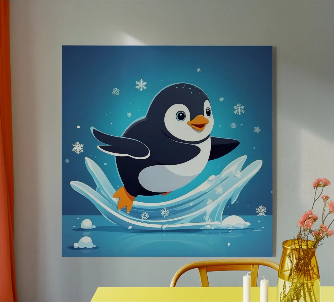 Penguin joyfully sliding on ice while snowflakes fall acrylic glass by DesignDoodle