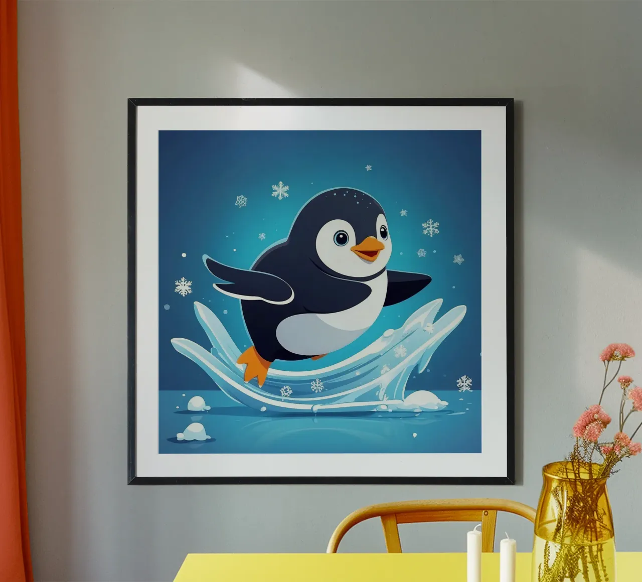 Penguin joyfully sliding on ice while snowflakes fall hahnemühle by DesignDoodle