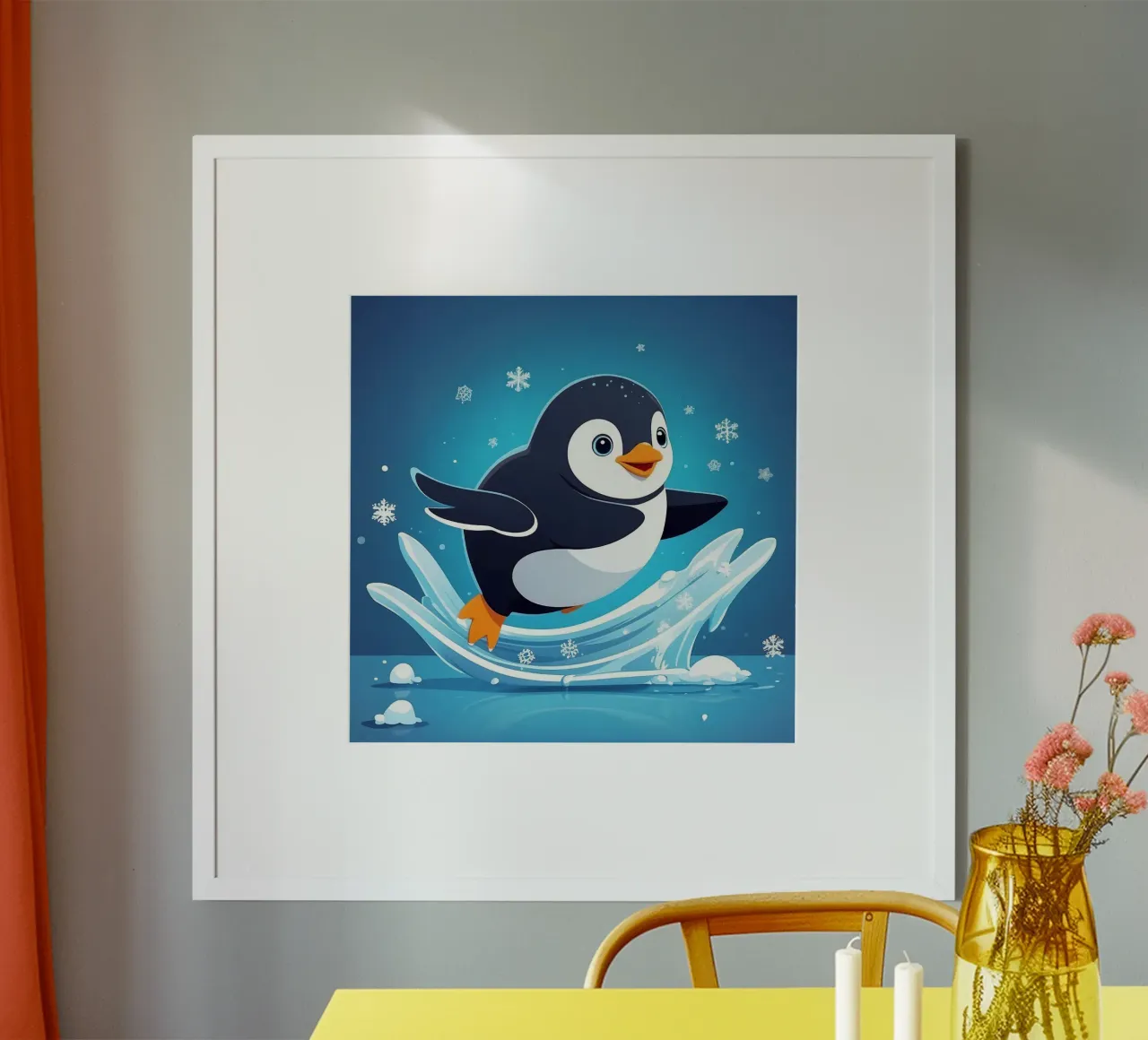 Penguin joyfully sliding on ice while snowflakes fall hahnemühle by DesignDoodle