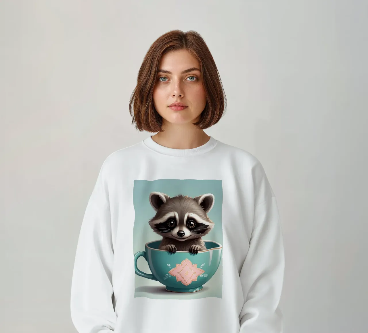 Simpatico procione in una tazza decorativa blu si mette in posa giocosamente felpa da DesignDoodle