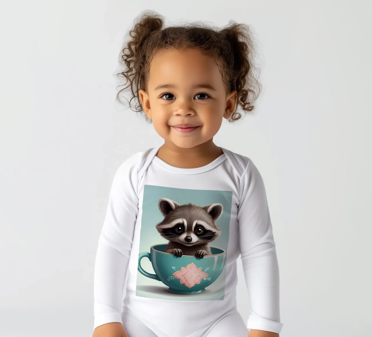 Un mignon raton laveur dans une tasse décorative bleue pose de manière ludique body manches longues de DesignDoodle