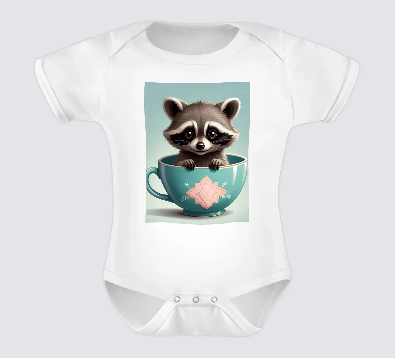 Simpatico procione in una tazza decorativa blu si mette in posa giocosamente body neonato maniche corte da DesignDoodle