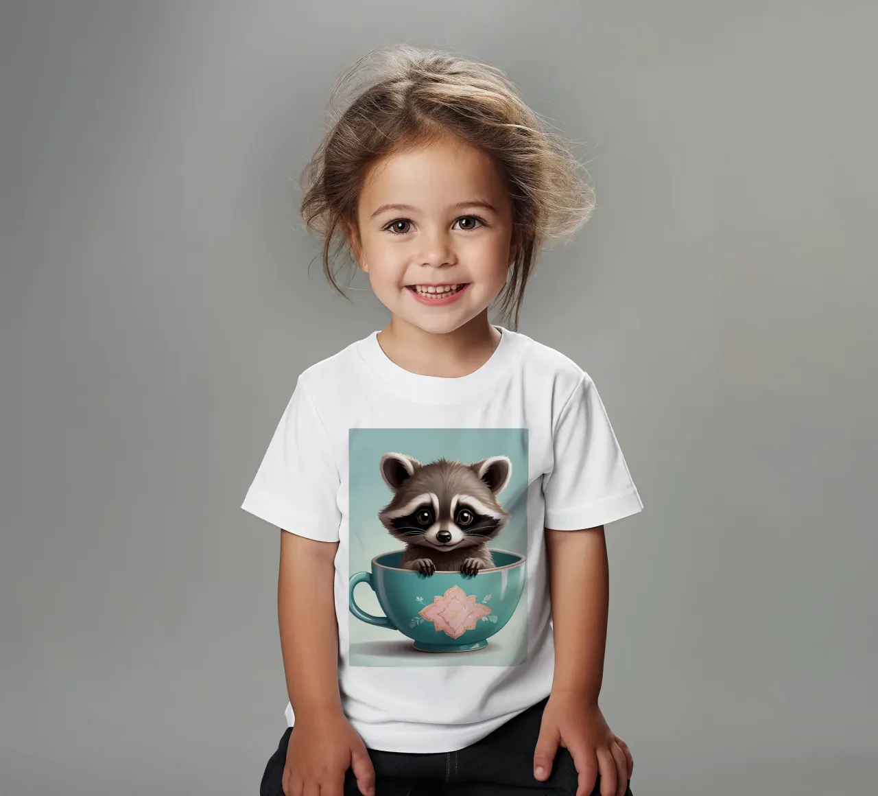Simpatico procione in una tazza decorativa blu si mette in posa giocosamente t-shirt bambini da DesignDoodle