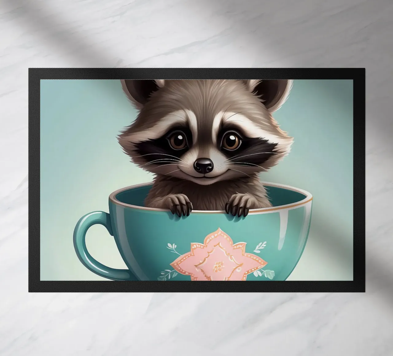 Simpatico procione in una tazza decorativa blu si mette in posa giocosamente zerbino da DesignDoodle