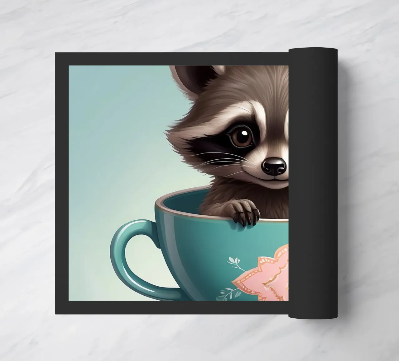 Simpatico procione in una tazza decorativa blu si mette in posa giocosamente zerbino da DesignDoodle