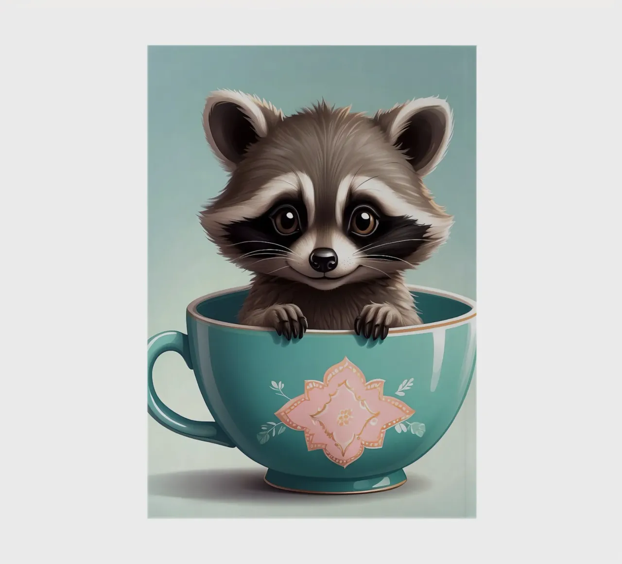 Un mignon raton laveur dans une tasse décorative bleue pose de manière ludique carnet de notes de DesignDoodle