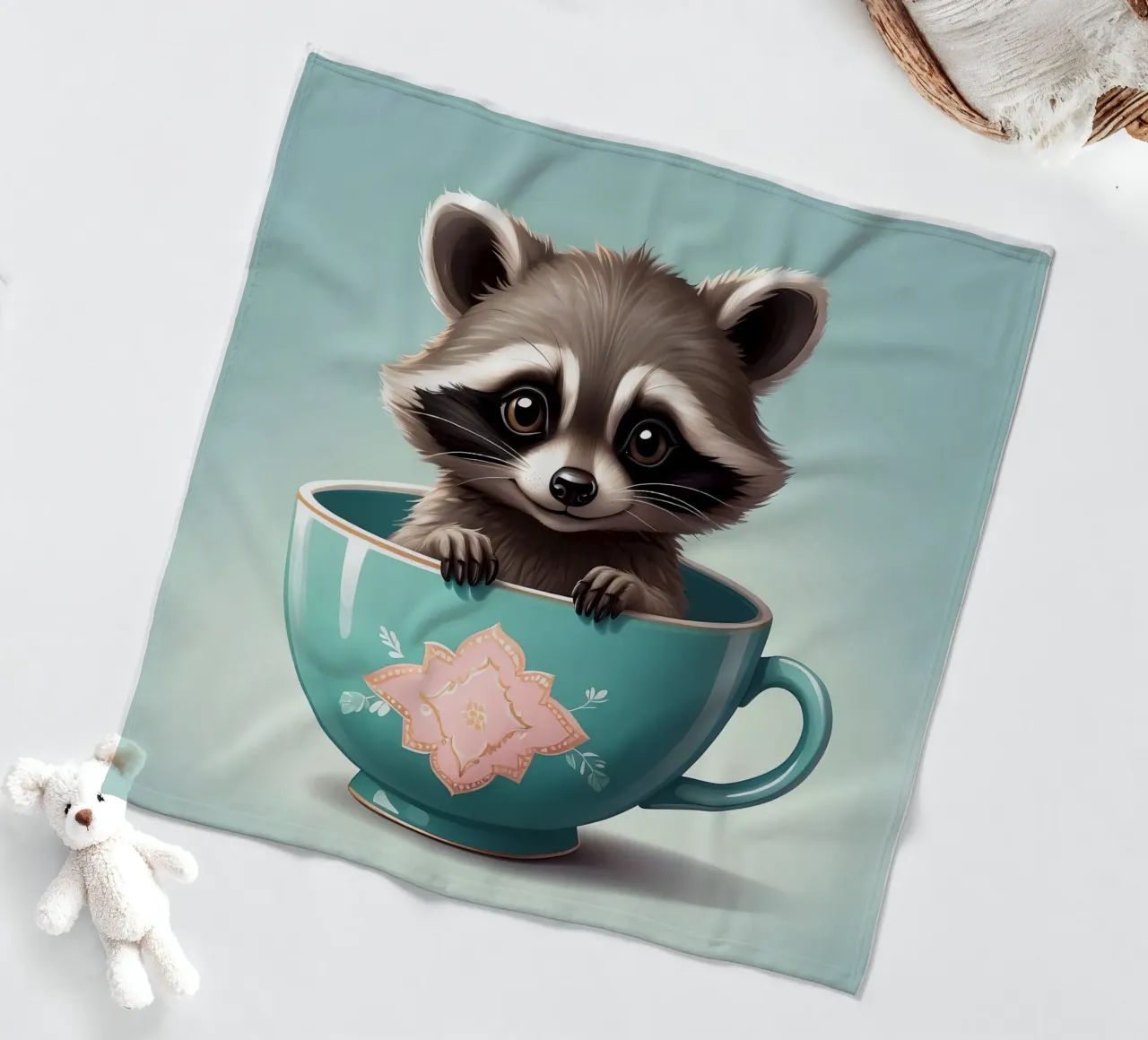 Simpatico procione in una tazza decorativa blu si mette in posa giocosamente coperta in pile da DesignDoodle