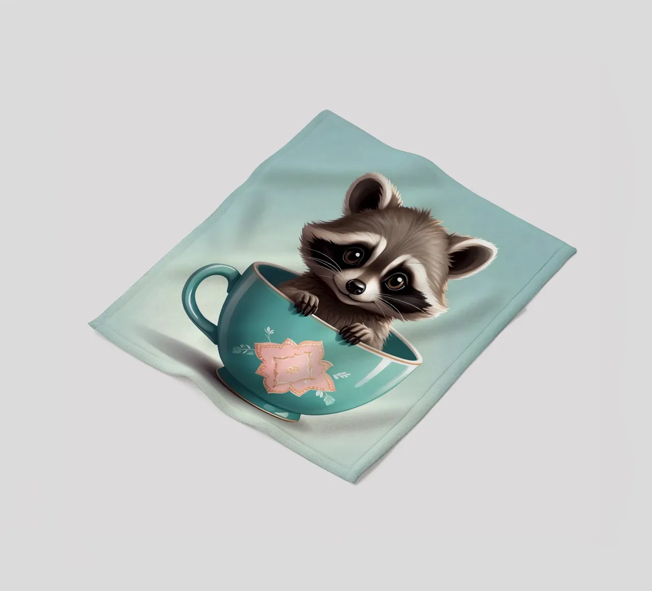 Simpatico procione in una tazza decorativa blu si mette in posa giocosamente coperta in pile da DesignDoodle