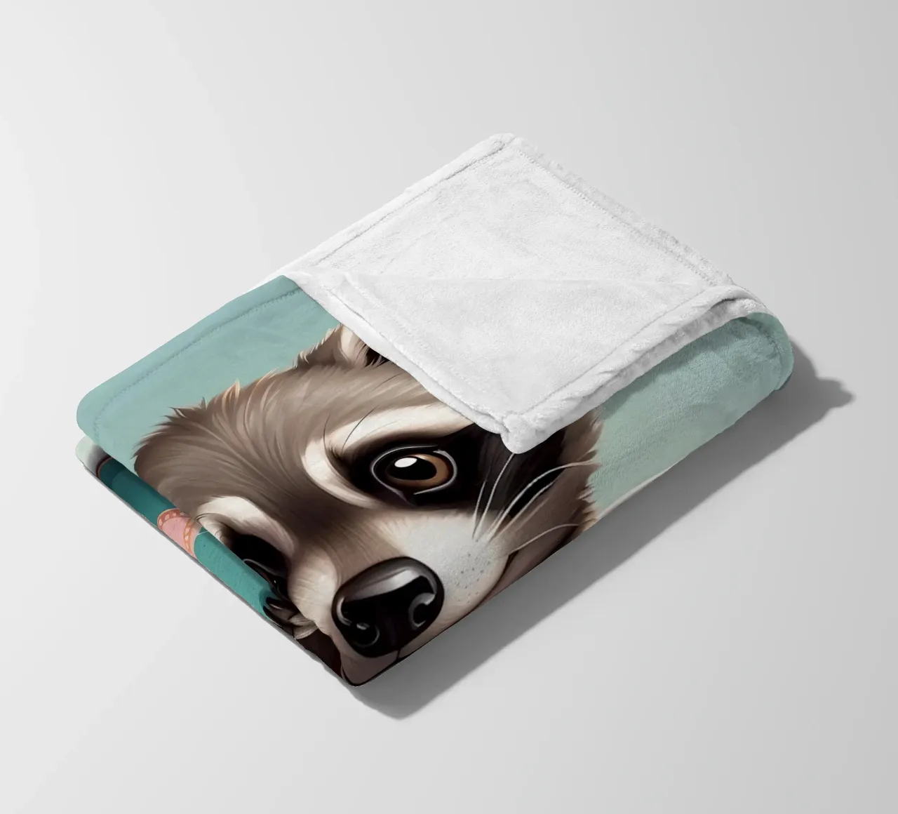 Simpatico procione in una tazza decorativa blu si mette in posa giocosamente coperta in pile da DesignDoodle
