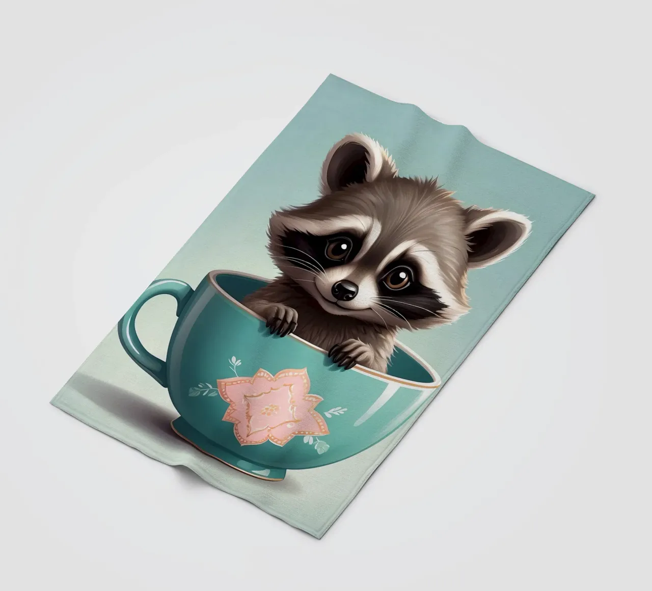 Simpatico procione in una tazza decorativa blu si mette in posa giocosamente coperta in pile da DesignDoodle