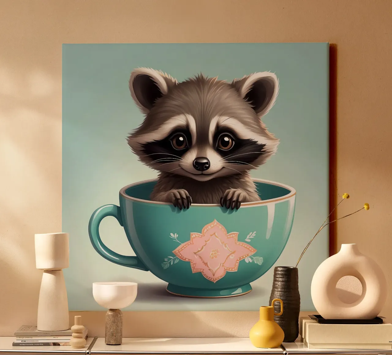 Simpatico procione in una tazza decorativa blu si mette in posa giocosamente tela da DesignDoodle